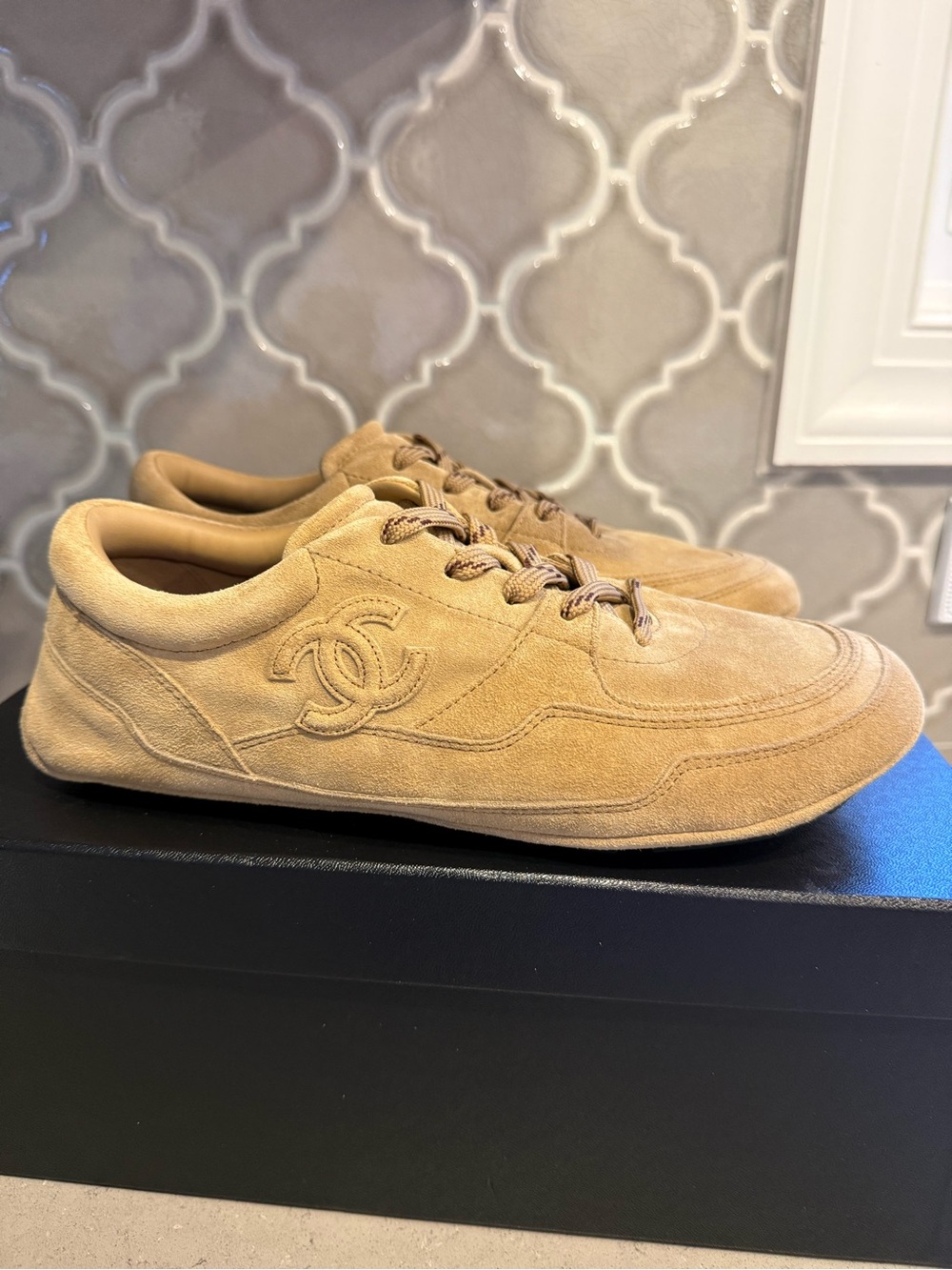 BNWT Chanel 26K Suede Calfskin Dark Beige Sneakers, Size 39
